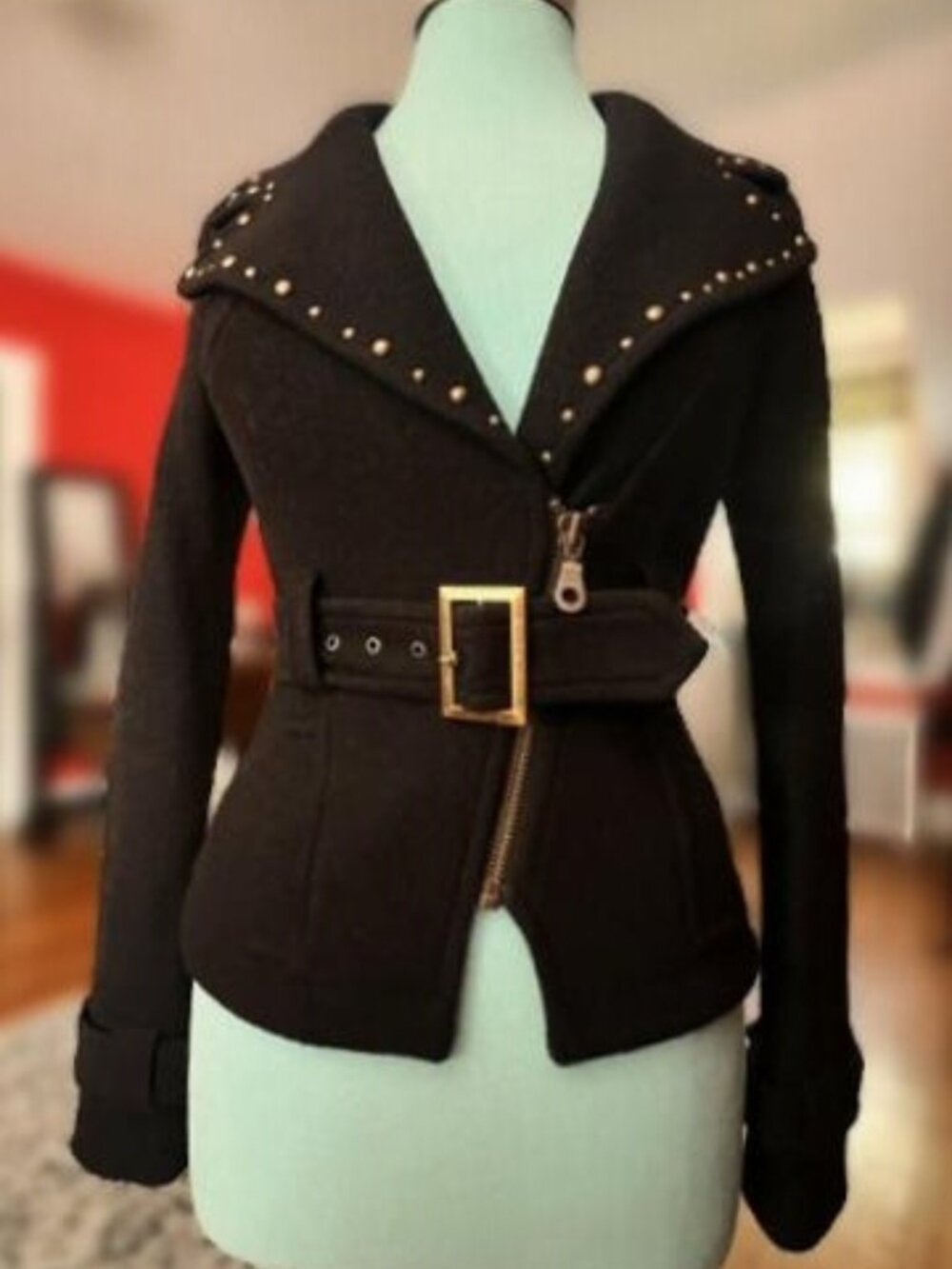GUESS Jeans Black Wool-Blend Studded Moto Jacket